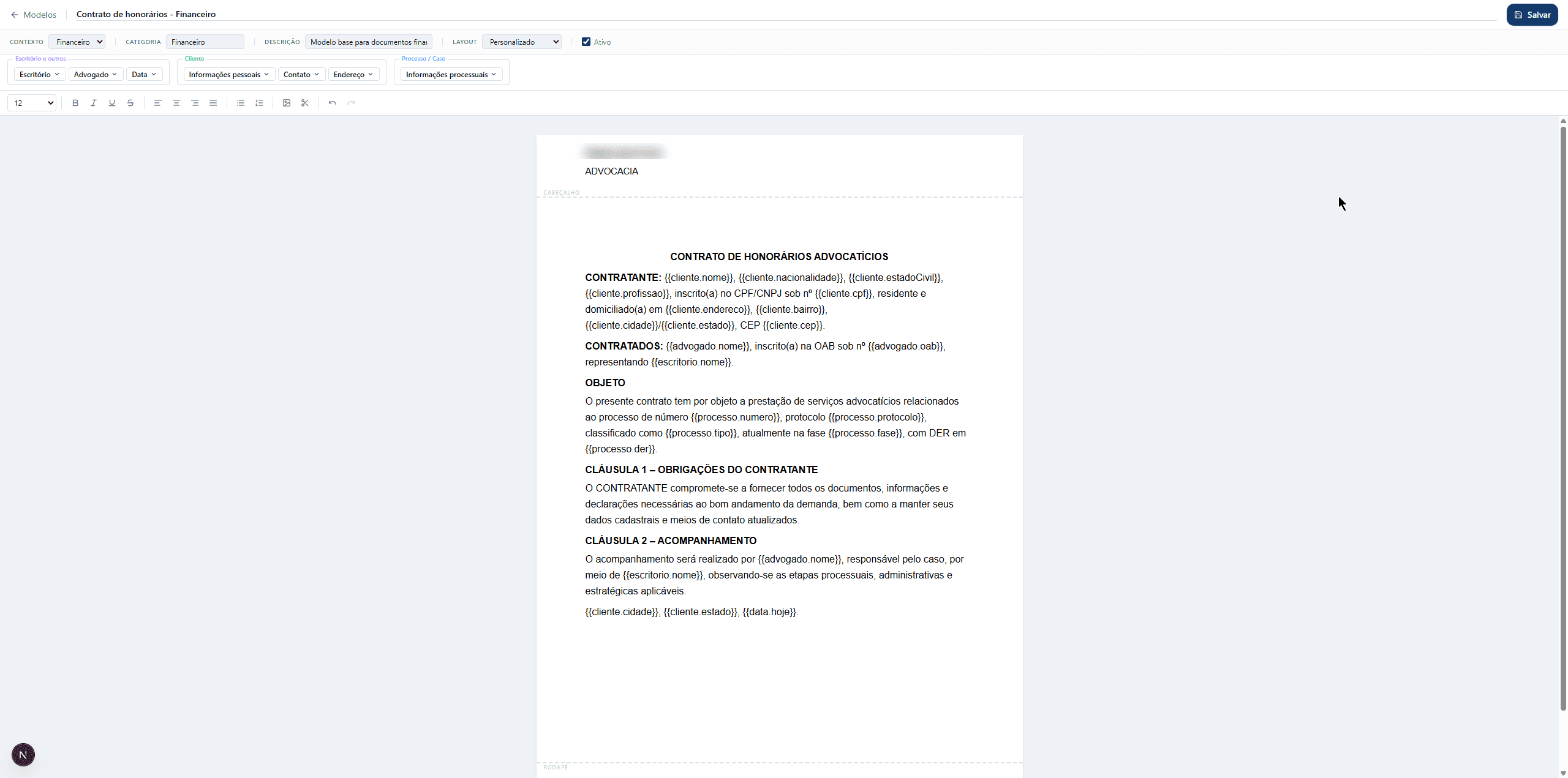 Editor de modelos do Levius gerando um contrato de honorários com campos automáticos do cliente e do processo